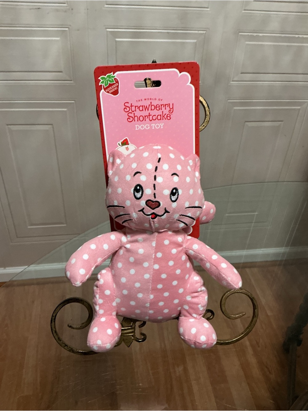 Strawberry Shortcake Fabric Squeaky Crinkly Chew Toy Pink Cat Design for Dogs 9”